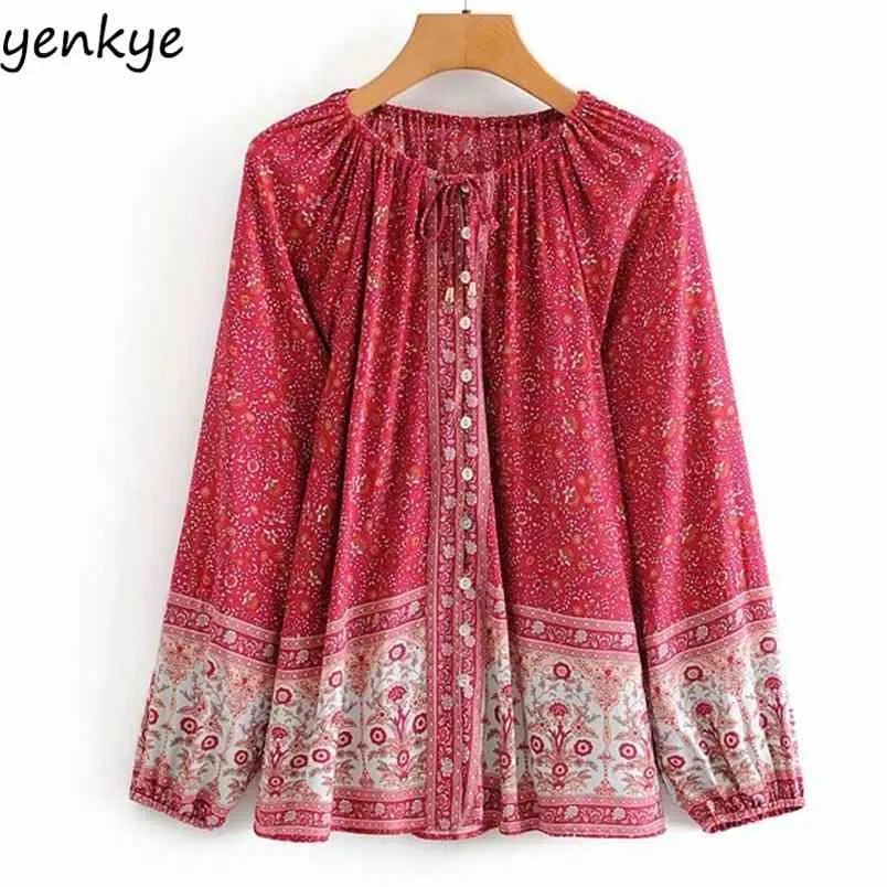 Vintage Floral Print Boho Bluzka Kobiety Lace Up O Neck Z Długim Rękawem Casual Lato Topy Plus Size Blusas DJF8698 210514