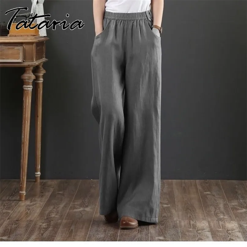 Women Cotton Linen Pants Casual Plus Size High Waisted Orange Wide Leg Loose Trousers Female Gray Elegant Streetwear 210925