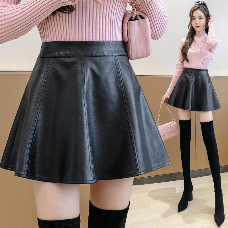 Women's Shorts PU Pleated Skirt Autumn Women Solid Color Leather Winter Skirts Womens Slim High Waist Saia Faldas Chic Zipper Mini