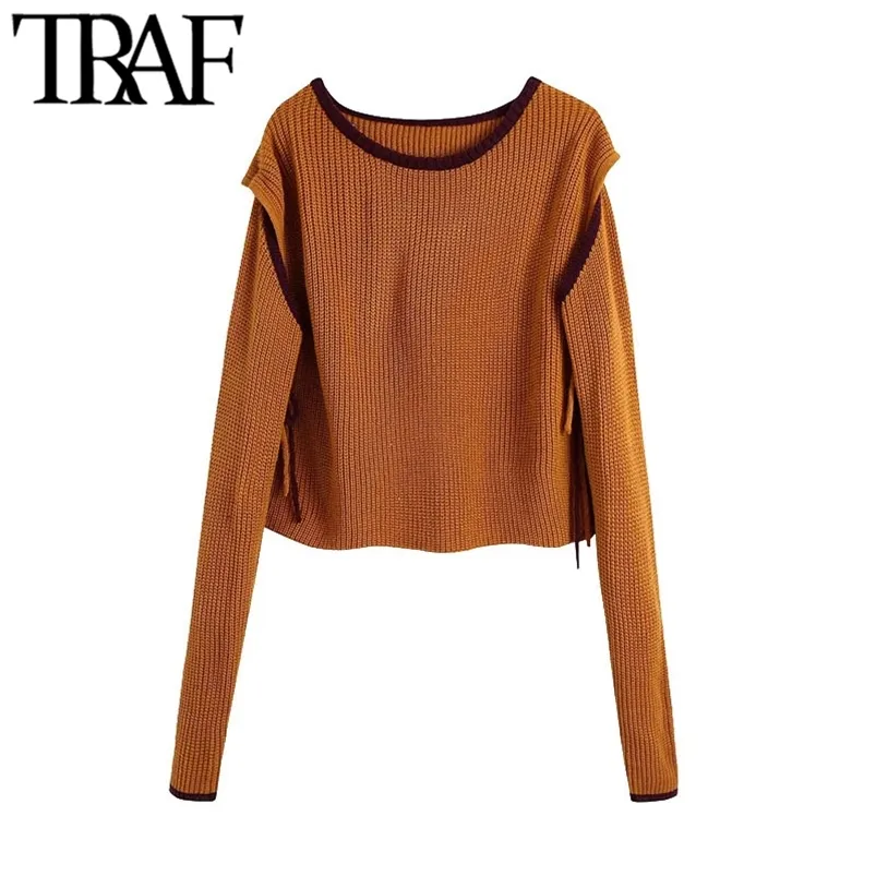 Women Fashion Patchwork Cropped Knitted Sweater Vintage Separate Long Sleeve Side Vents Female Pullovers Chic Tops 210507
