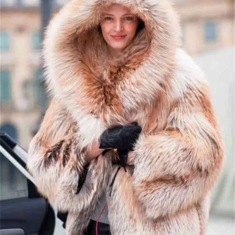 코트 여성 겨울 그라데이션 모방 모피 재킷 후드 211213