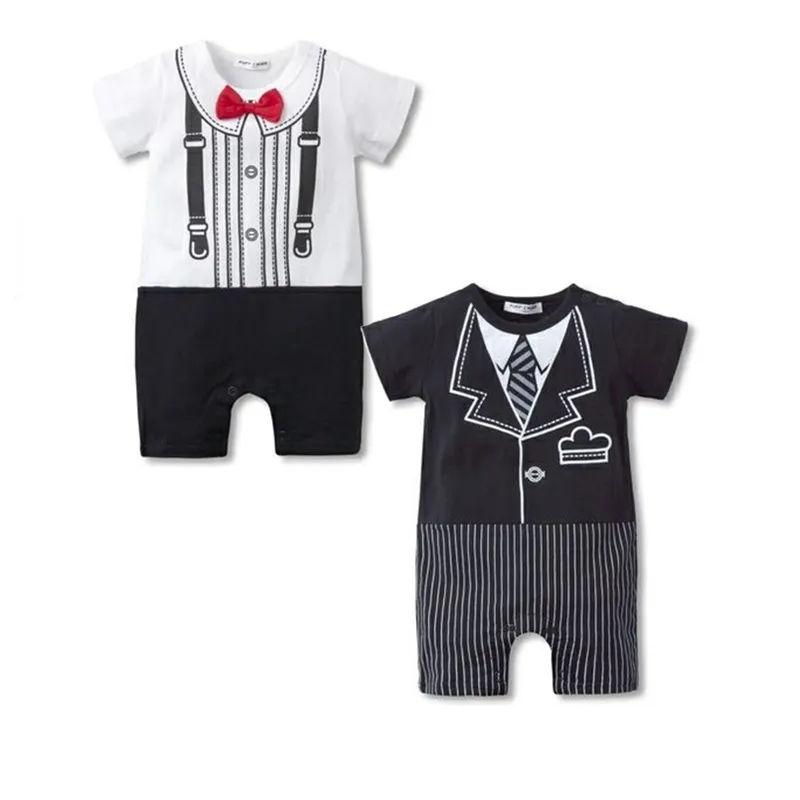 Baby Boy Roupas Body Suits Tuxedo Meninos Macacão Cavalheiro Roupa de Bebe Manga Curta Algodão Castanhos Preto Branco Trajes 210413
