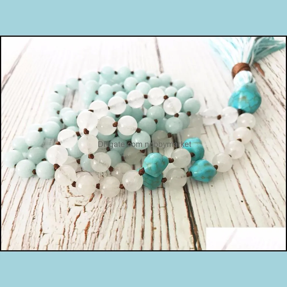 108 mala beads Necklaces Hand Knotted White jades necklace Bule Meditation Necklaces tassel necklace Yoga Mala Bead best gift 210323