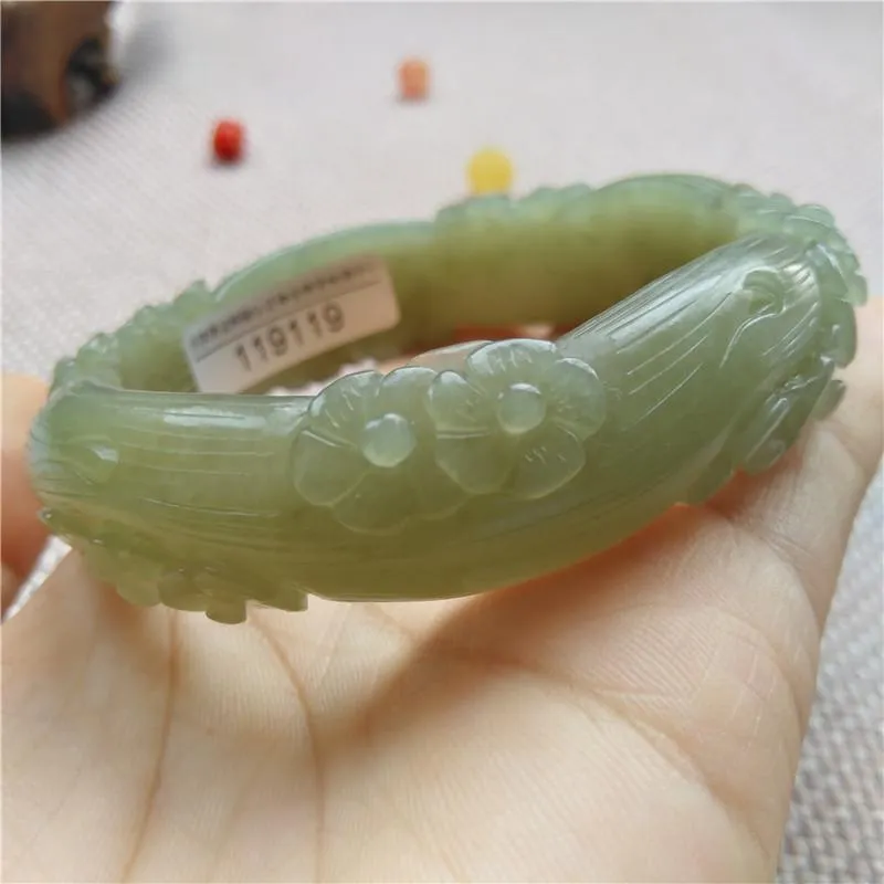 Bangle Natural Green Jade Handcarved Plum Blossom Jadeite Jasper Braceletes Mulheres Bangles Jóias