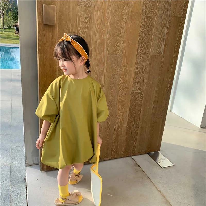 女の子の夏の緩い半袖の芽のドレス韓国風のシックな子供たちの綿カジュアル膝ドレス210615