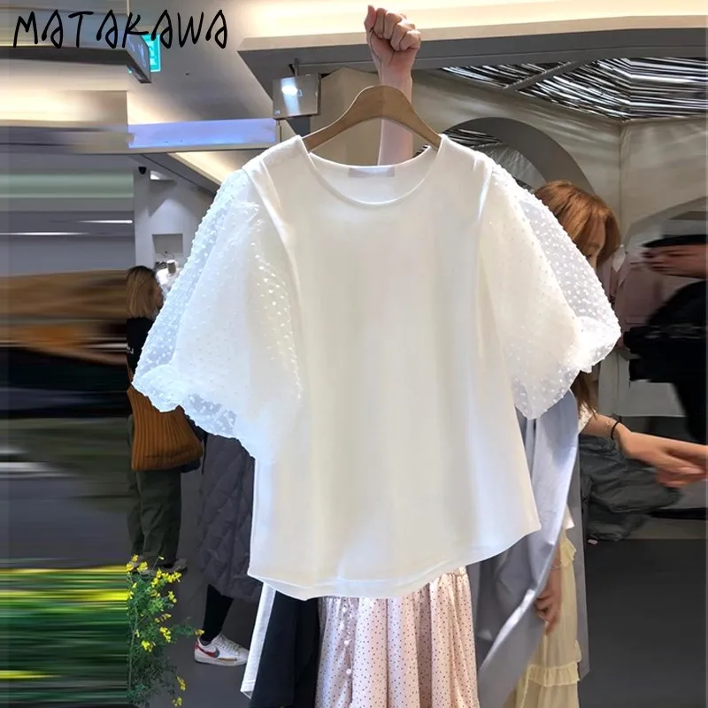 마타 카와 메쉬 스 플라이 싱 티셔츠 짧은 소매 여자 티셔츠 한국 봄과 여름 다목적 느슨한 도트 티셔츠 210513