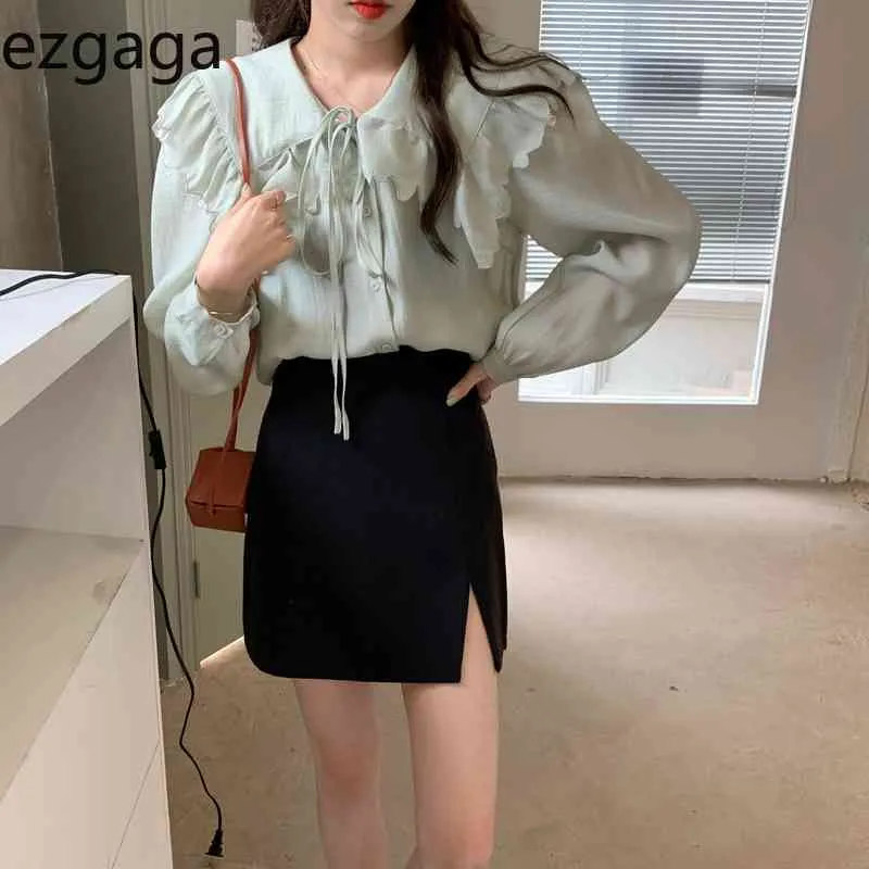 Ezgaga Elegancki Koreański Chic Kobiety Bluzka Wiosna Nowa Moda Peter Pan Collar Lace Up Kobiece Koszule Luźne Solid Casual 210430