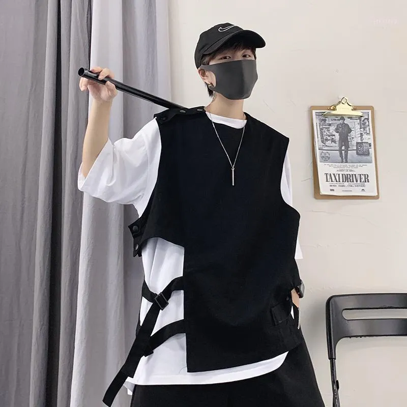 Herenjacks 2022 Zomer mannen Onregelmatige zijlinten Drawtring Vest Vintage Punk Hip Hop Mouwloze jas man Koreaanse stijl Waastcoat