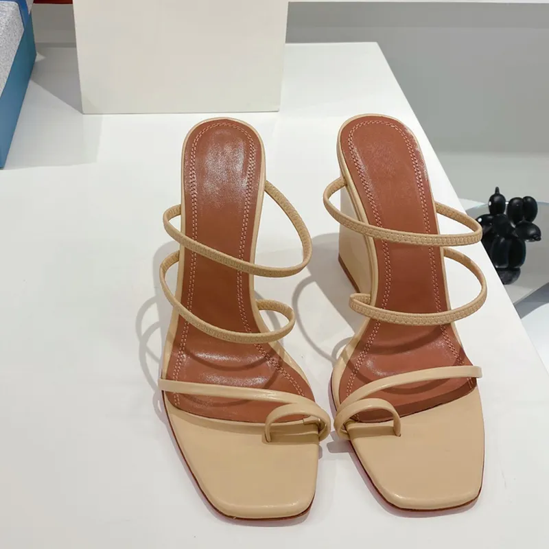 Top quality summer womens sandals Genuine Leather Narrow Band heeled slippers Luxury Designer newest Wedge heel women shoes Large size sandal factory footwear