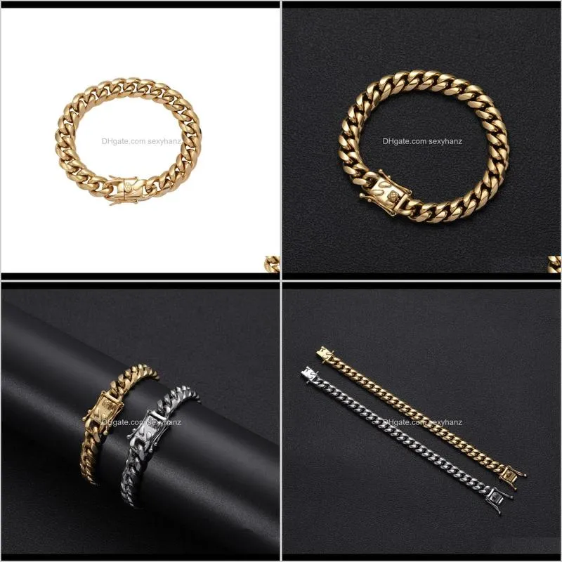 12mm hip hop chain bracelet men`s charm jewelry cuba  stainless steel rock style round grinding