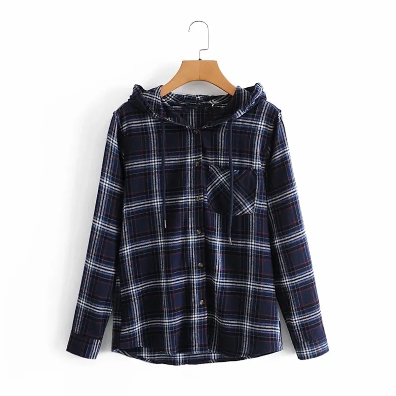 Casual Vrouw Cotton Plaid Patchwork Hooded Shirts Jas Lente Mode Dames Button Jassen Vrouwelijke Vinatge Uitloper 210515