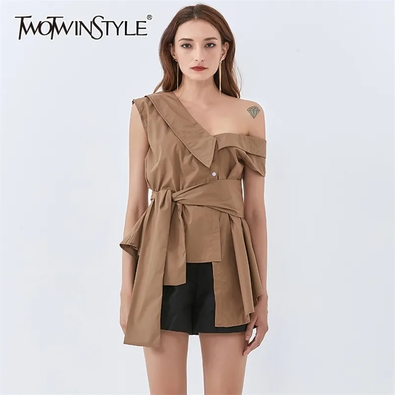 Casual Solid Shirt For Women V Neck One Shoulder Sleeveless Bandages Blouse Female Fashion Clothing Stylish 210524