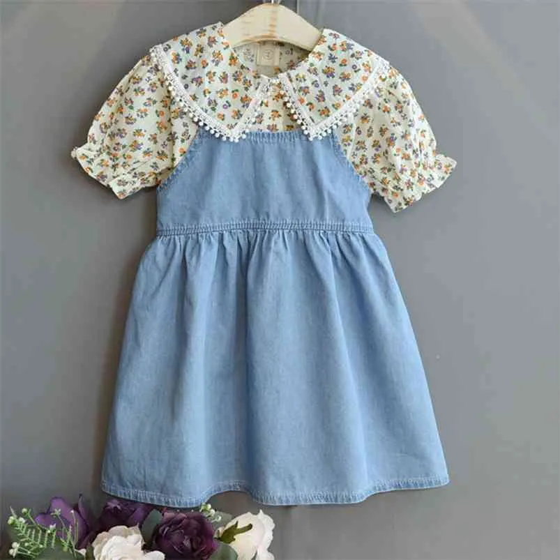 Summer Girls' Clothing Sets Style Lace-Side Puff Sleeve Lapel Top +Sling Dress 2Pcs Baby Kids Clothes Suit Children 210625