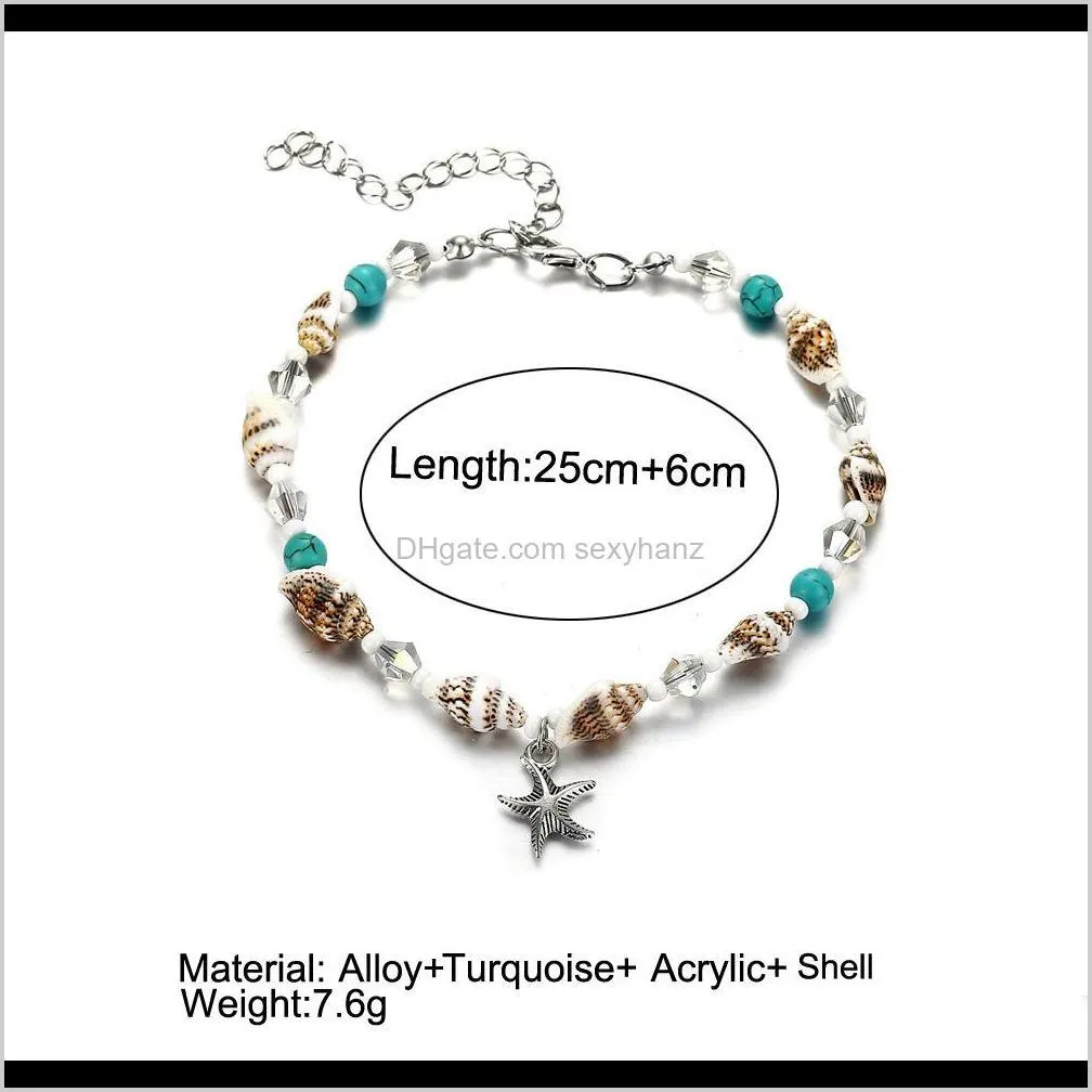 vintage turquoise beaded starfish charm pendant anklets yoga bracelets dangle handmade beach seashell crystal hand chain statement