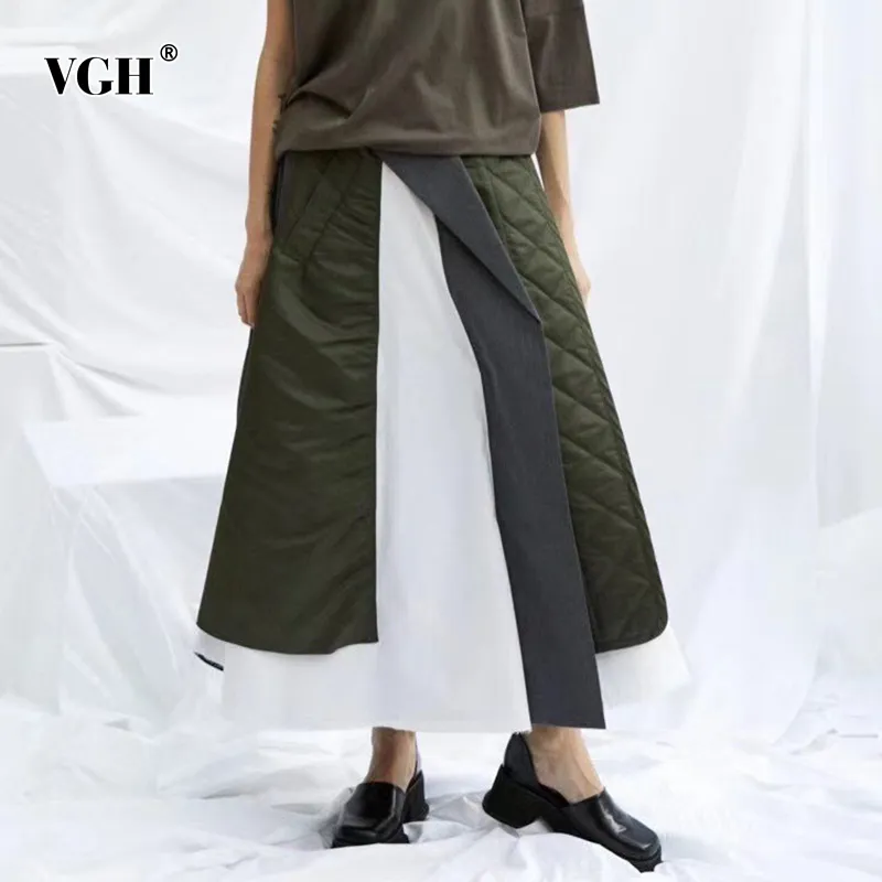 VGH 패치 워크 히트 컬러 스커트 여성용 높은 허리 비대칭 미디 캐주얼 스커트 여성 패션 새로운 의류 봄 조수 210421