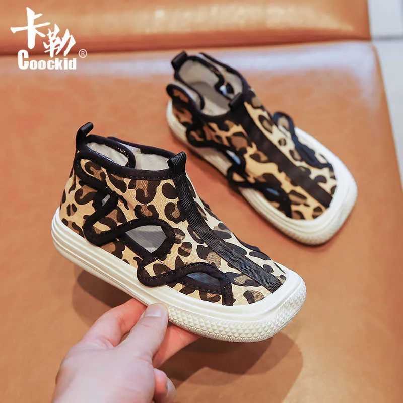 Mode pour enfants chaussures en toile été nouveaux garçons damier chaussures montantes filles respirant imprimé léopard sandales chaud creux G1025