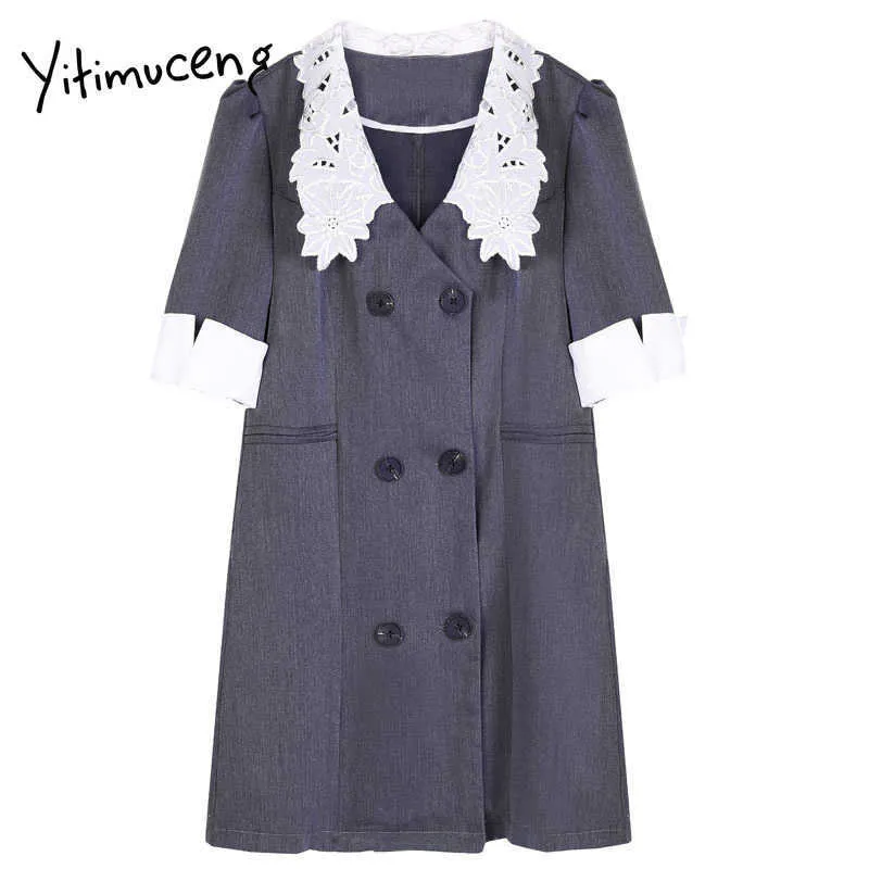 Yitimuceng vestidos con botones para mujer A-Line Mini sólido primavera Puff manga cuello en V manga corta cintura alta ropa Vintage 210601