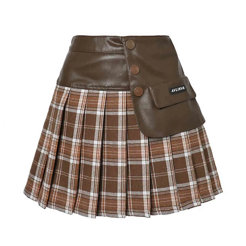Svart Brun Punk Pläterad Ruched Mini Short Empire Skirt Rock and Roll Faux Leather Patchwork S0268 210514