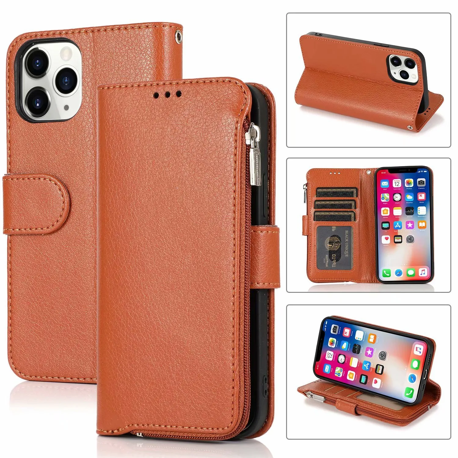 Multifunktions Zipper Wallet Fodral med kortplats för iPhone 13 Pro max 12 mini 11 XR Samsung S20 S21 Ultra Not 20 A12 A32 5G A52 A72 A21S HUAWEI P40 MATE 40