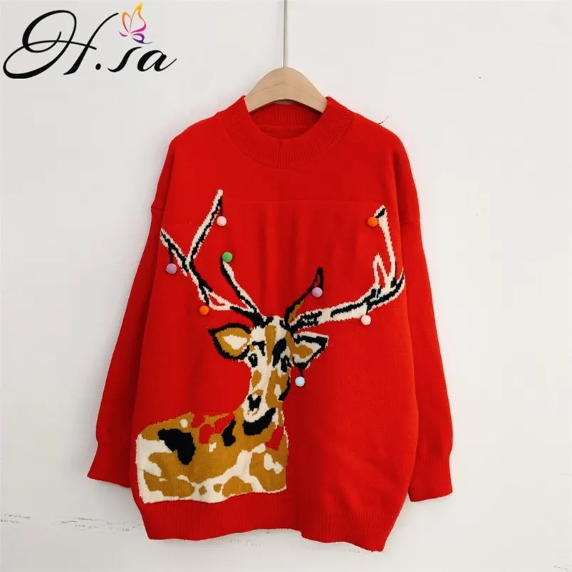 Mulheres Natal suéteres desenhos animados cervos bordados camisola jumpers vermelho quente chique retro pull femme 210430