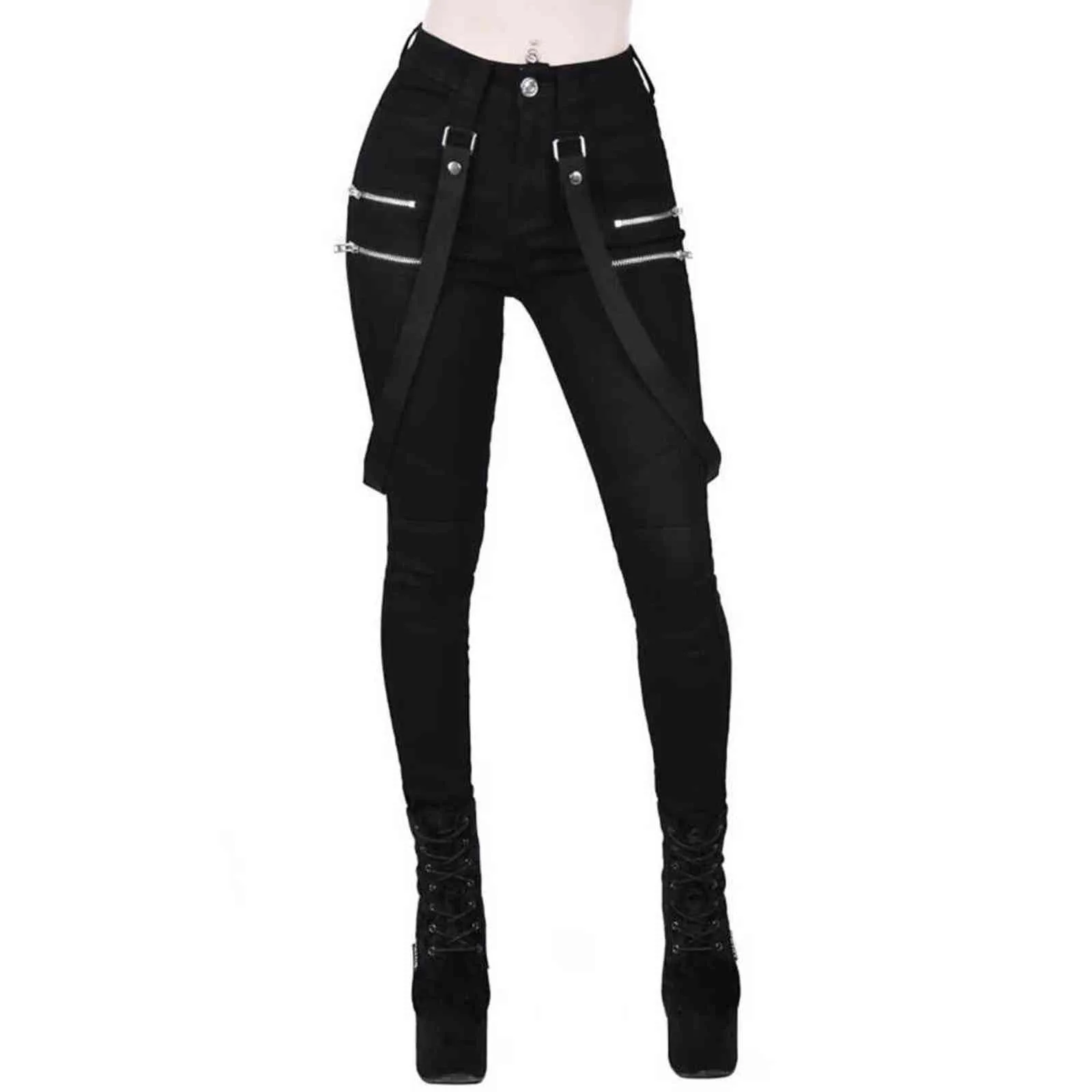 Mulheres gótico lápis calças calças cinto zipper senhoras streetwear longo sólido preto hip hop hop d30 211124