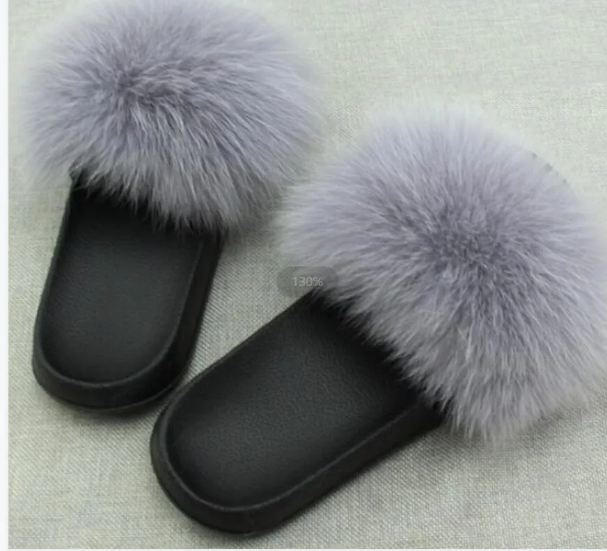 Prawdziwe futra kapcie Slajdy Buty szary kolor Furry Fuffly Slipper