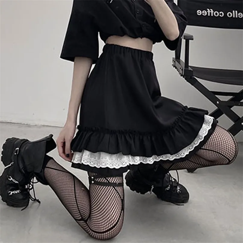 Goth Lolita Rock Frauen Harajuku Hohe elastische Taille Spitze Schwarz Mini S Punk Gothic Plissee Nette Schulmädchen 210629