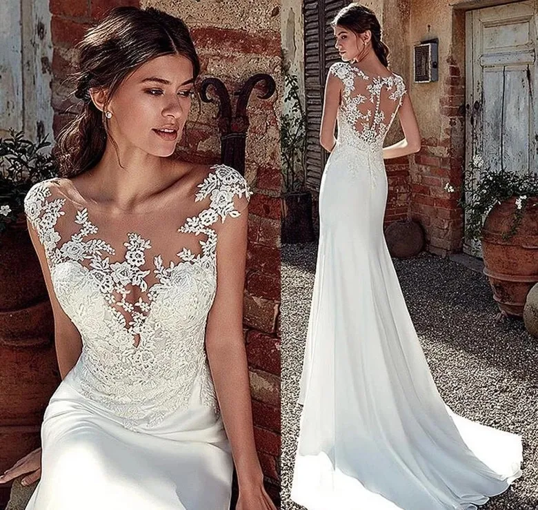 Romantic Sheer Neck Lace Wedding Dress 2022 Cap Short Sleeves Hollow Back Mermaid Satin Ruched Petite for Women Applique Court Train Bridal Gowns