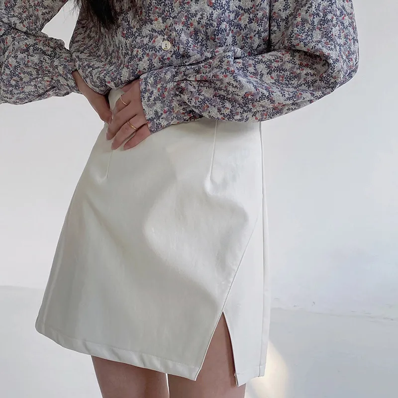 Matakawa Vintage High Waist PU Läder Mini Skirt Bodycon Kjolar Kvinnor Split Kort Kjol Sommar Faldas Mujer MODA 210513