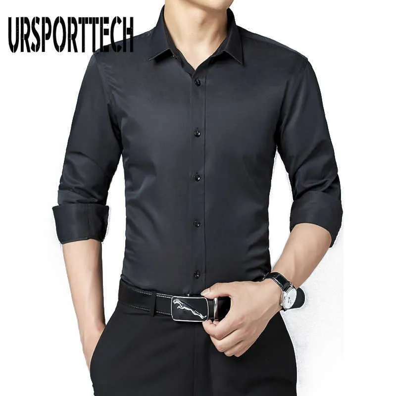 URSPORTTECH Men's Dress Shirt Long Sleeve Business Social Shirt Solid Color Turn Down Collar Plus Size Work Blouse Brand Clothes 210528