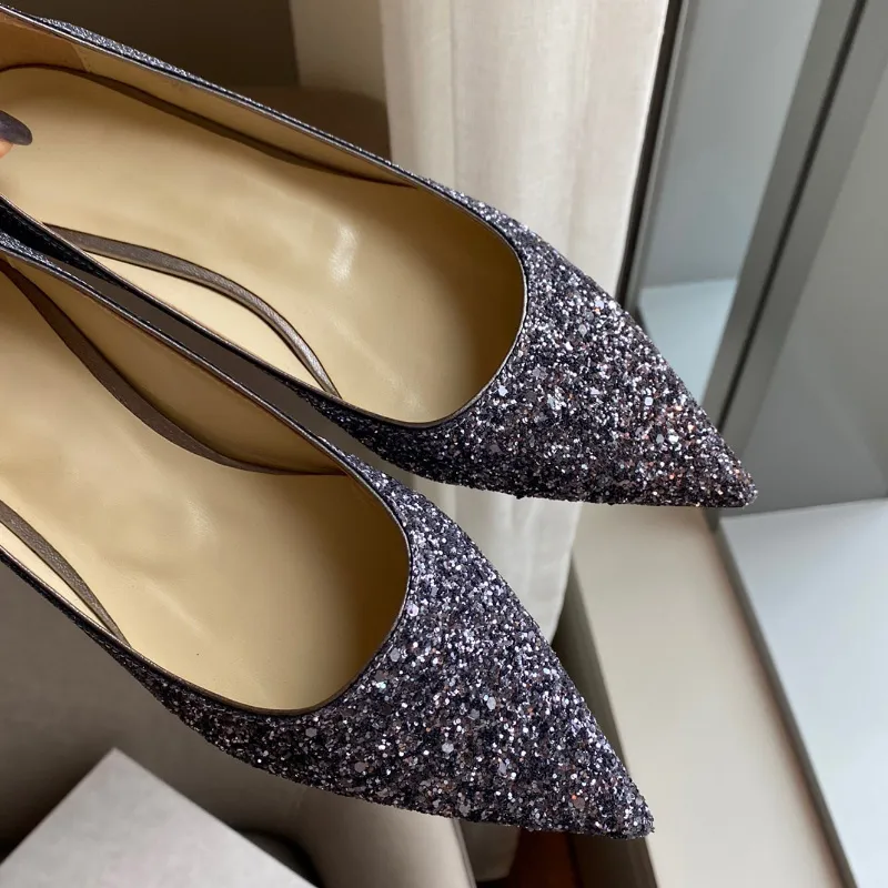 Elegant Love Dark Grey Glitter Pumps Bridal Stiletto Heels Women s Slip On Flats Luxury Designer Dress Shoes Evening Party Wedding Heeled Factory