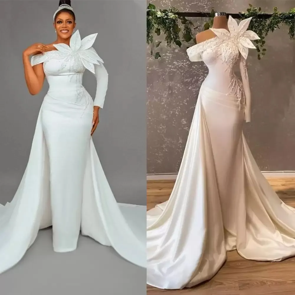 Modern White Satin Prom Dresses One Shoulder Floral Beads Long Sleeve Formal Evening Gowns With Detachable Train Arabic Aso Ebi Women Vestidos De Festa AL9849