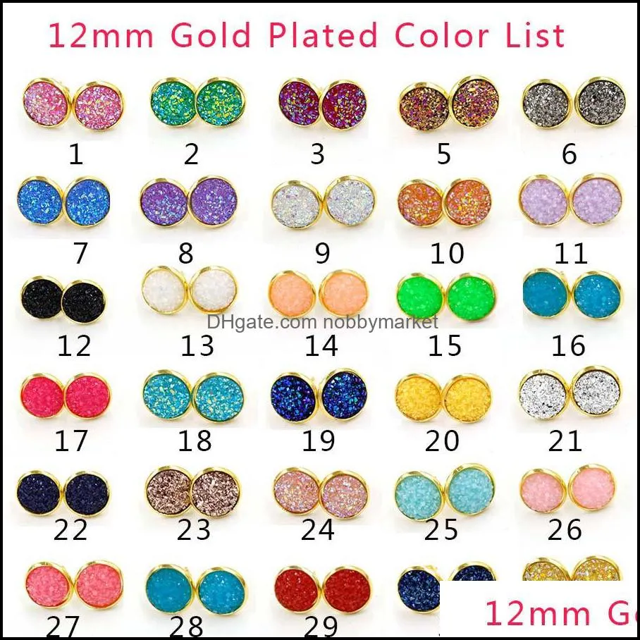 Hot 12MM Round druzy stone Stud Earrings 30 color Resin Gold Silver Stainless steel Hypoallergenic ear pin For women Fashion Jewelry in