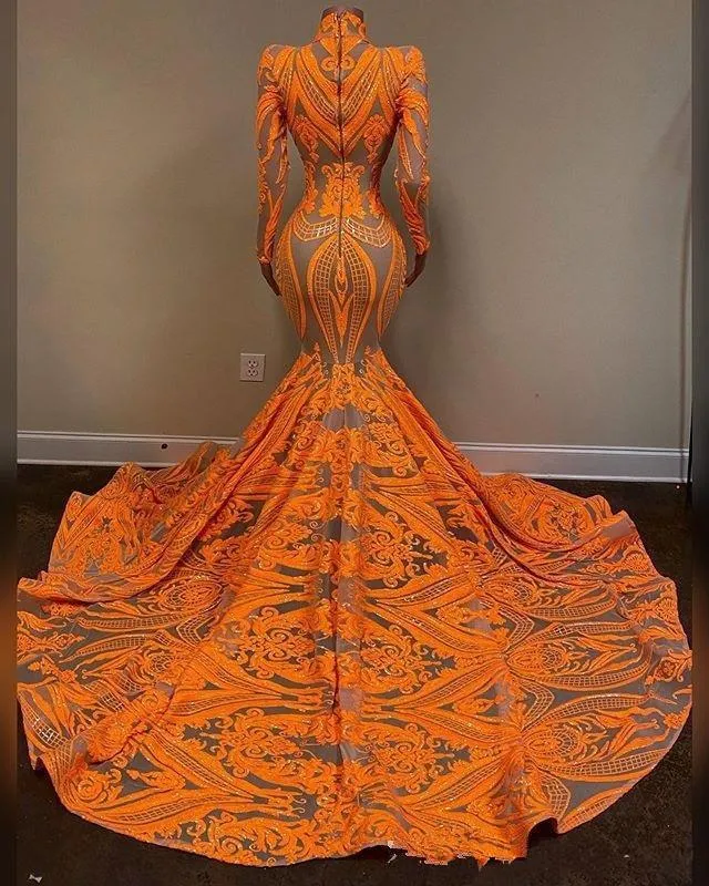 open lace back dress Mermaid Spaghetti Straps Sequined Lace Prom Dress, Orange / 18