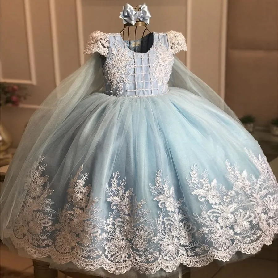 Lovely Blue Lace Gown Princess Flower Dress with Beaded Jewel Neckline and Floor-Length Hemline - Perfect for Formal Occasions, Birthdays, and