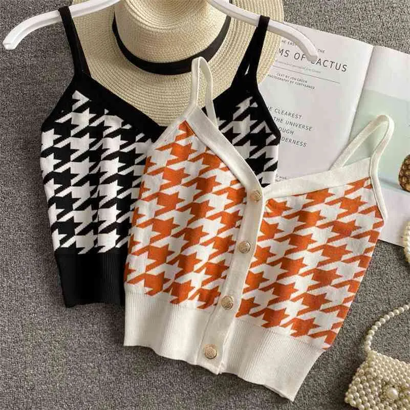 Fashion Summer casual single-breasted houndstooth knit camisole women's outer knit cami top sweater plaid V-neck top Camis 210625