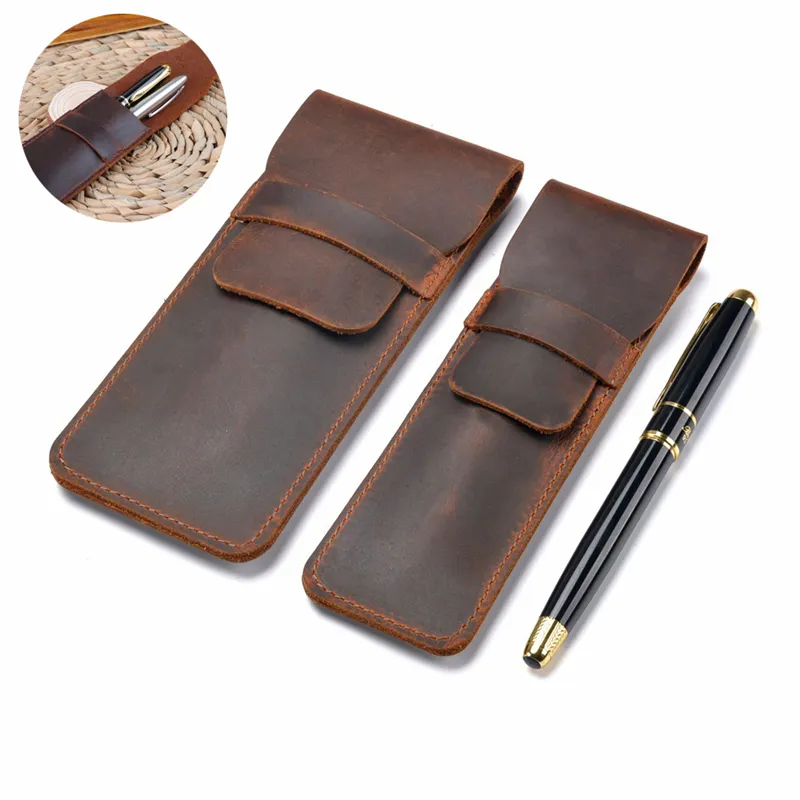 Handmade Genuine Leather Pencil Bag,Cowhide Fountain Pen Case Holder,Retro Pens Pouch Protective Sleeve Cover XBJK2104