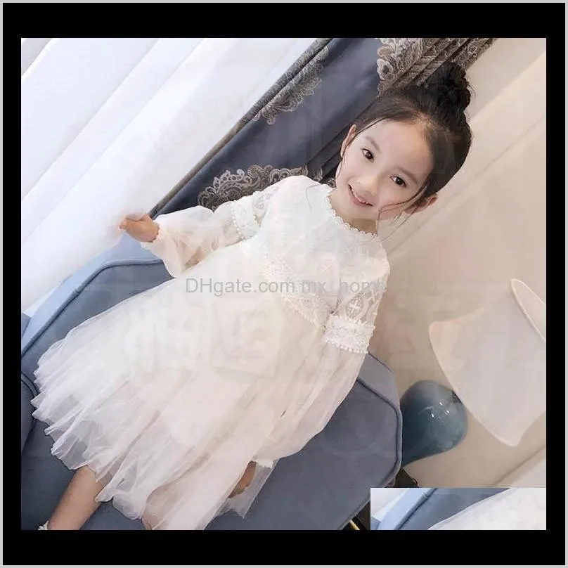 new dresses for girls lace solid long lantern sleeve o-neck ball grown party princess dress children baby kids clothes