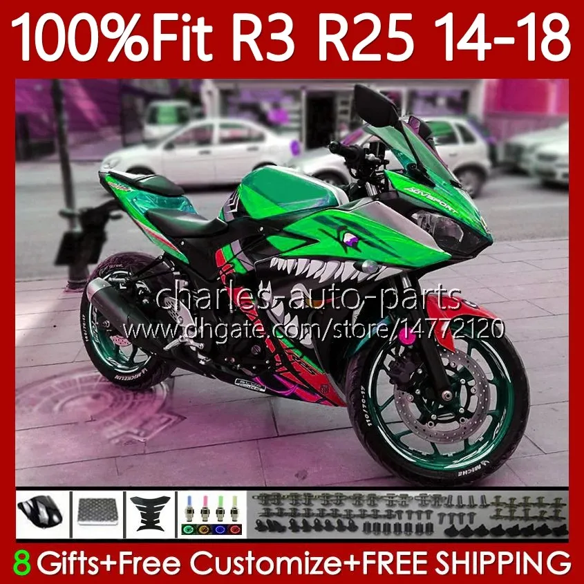 Yamaha Yzfr3 YZF-R2H yzfr25 Yzf R3 상어 녹색 R25 14 15 16 18 Bodywork 102NO.80 YZF-R3 2014 2015 2016 2017 2017 2018 YZF R 3 25 14-18 OEM 바디 키트