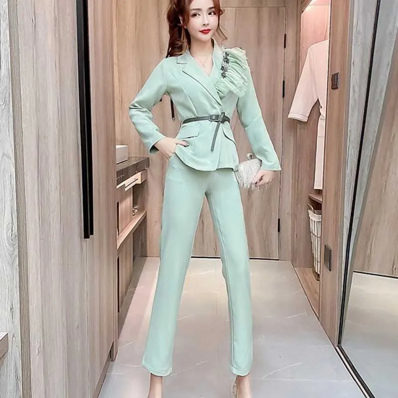 spring fashion temperament women Two Piece Sets Diamond-studded mesh long-sleeved jacket + pants suit 2 sets 210531