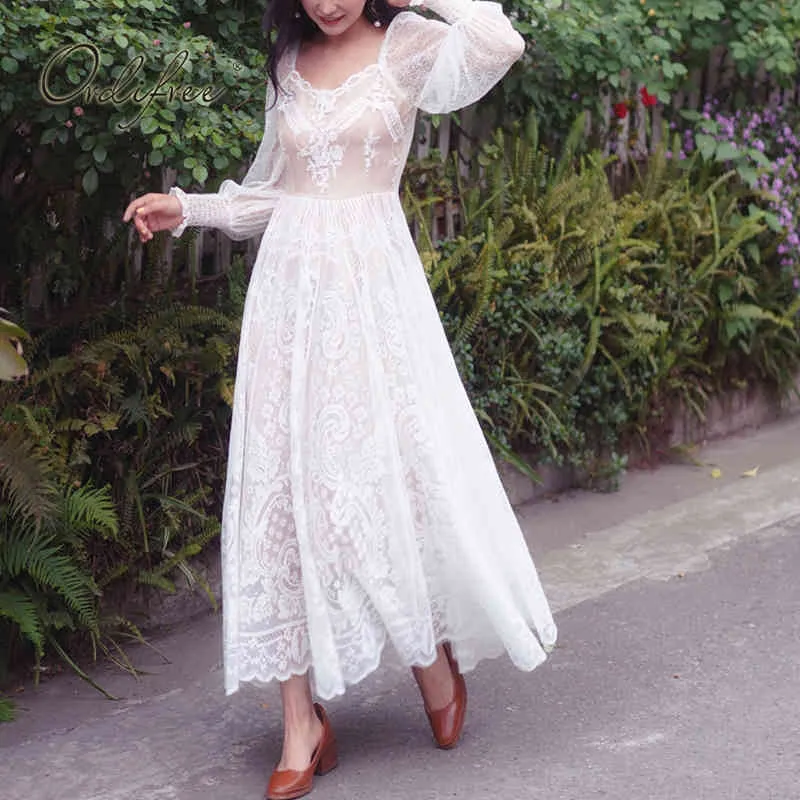 Letnie kobiety przyjęcie z długim rękawem vintage sexy biały koronki maxi sukienka wakacyjne ubrania 210415