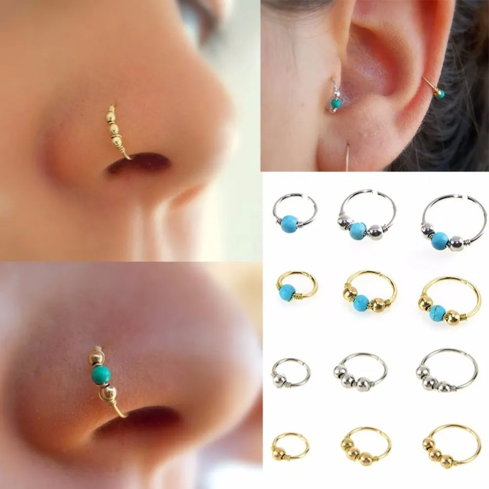 3 Teile/satz Mode Retro Runde Perlen Gold Farbe Nase Ring Für Frauen Nasenloch Hoop Körper Piercing Schmuck