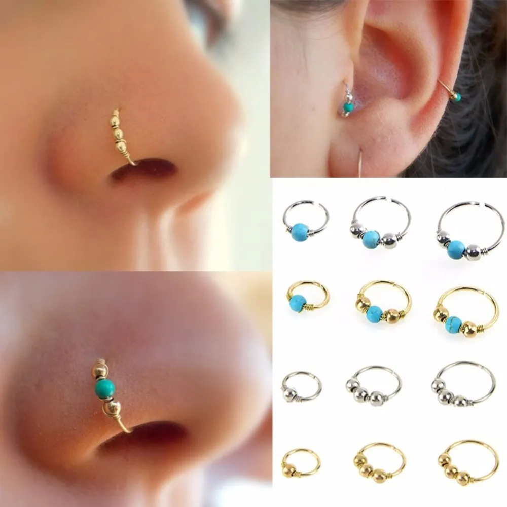 3 pçs / definir moda retro redondo grânulos de ouro cor anel de nariz para as mulheres Nostril Body Piercing Jóias