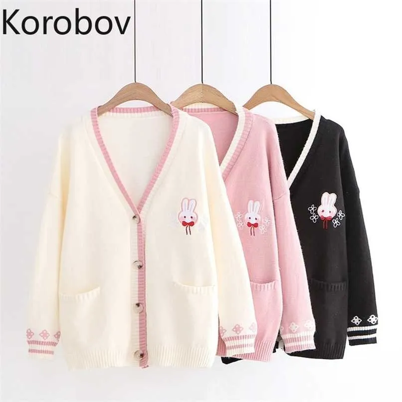 Korobov Jesień Zima Z Długim Rękawem Kobiety Swetry Sweet V Neck Jumper Femme Kawaii Dzianiny Sueter Mujer Znosić 211218