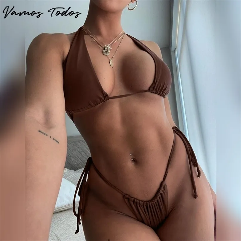 VAMOS Todos Yaz Kahverengi Dize Bikini 2 Parça Set Kadın Seksi Plaj Kıyafet Yüzme Yüzme Suit Mayo Ücretsiz Boyutu 220226