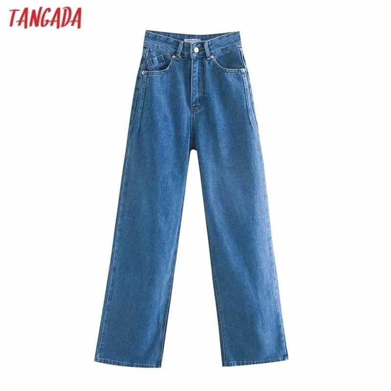 Tangada automne hiver femmes taille haute surlongueur jeans pantalon pantalon poches fermeture éclair femme jambe large denim pantalon 4M520 210715
