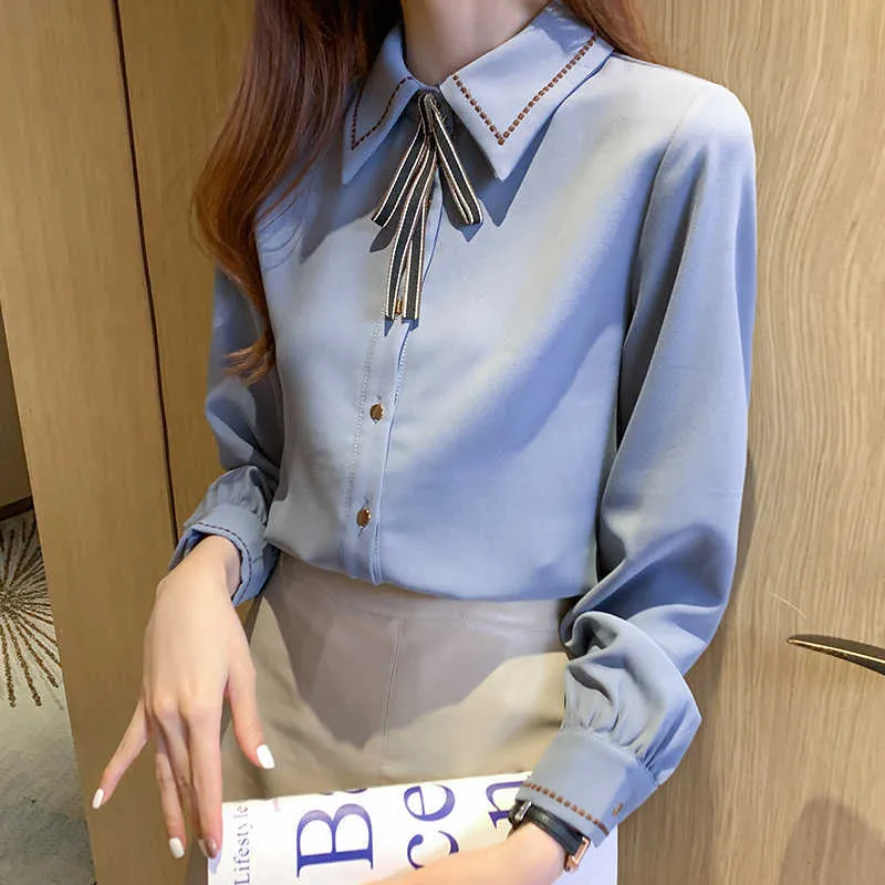 Koreańskie Kobiety Koszula Szyfonowe Bluzki Długi Rękaw Woman Blue Lace Otwarte Stitch Bluzki Topy Plus Size Bow 210604