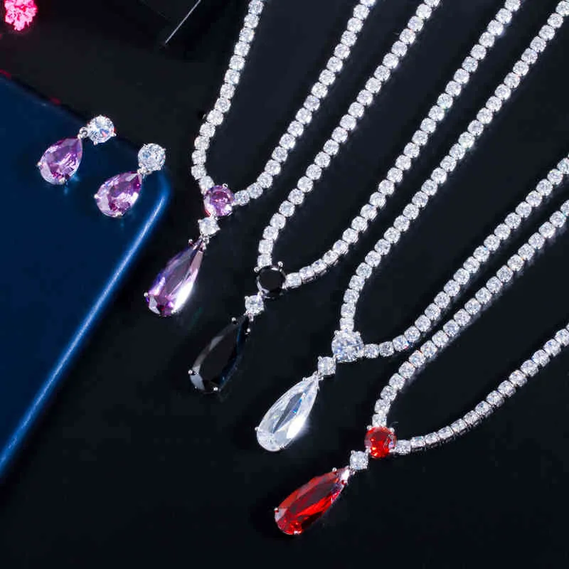 CWWZircons Top Red Purple Cubic Zirconia Water Drop Fashion Women Engagement Party Jewelry Set for Wedding Bridesmaid Gift T525