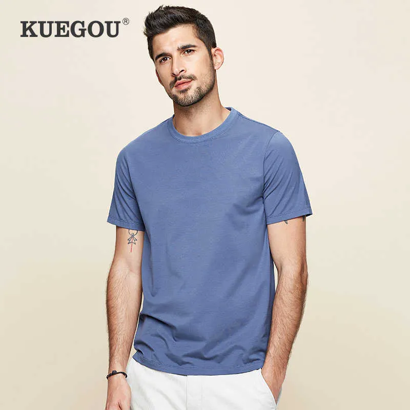 Kuegou gladde katoenen modale heren t-shirt korte mouwen zomer kleding mode t-shirt voor heren top plus size DT-5939 210623