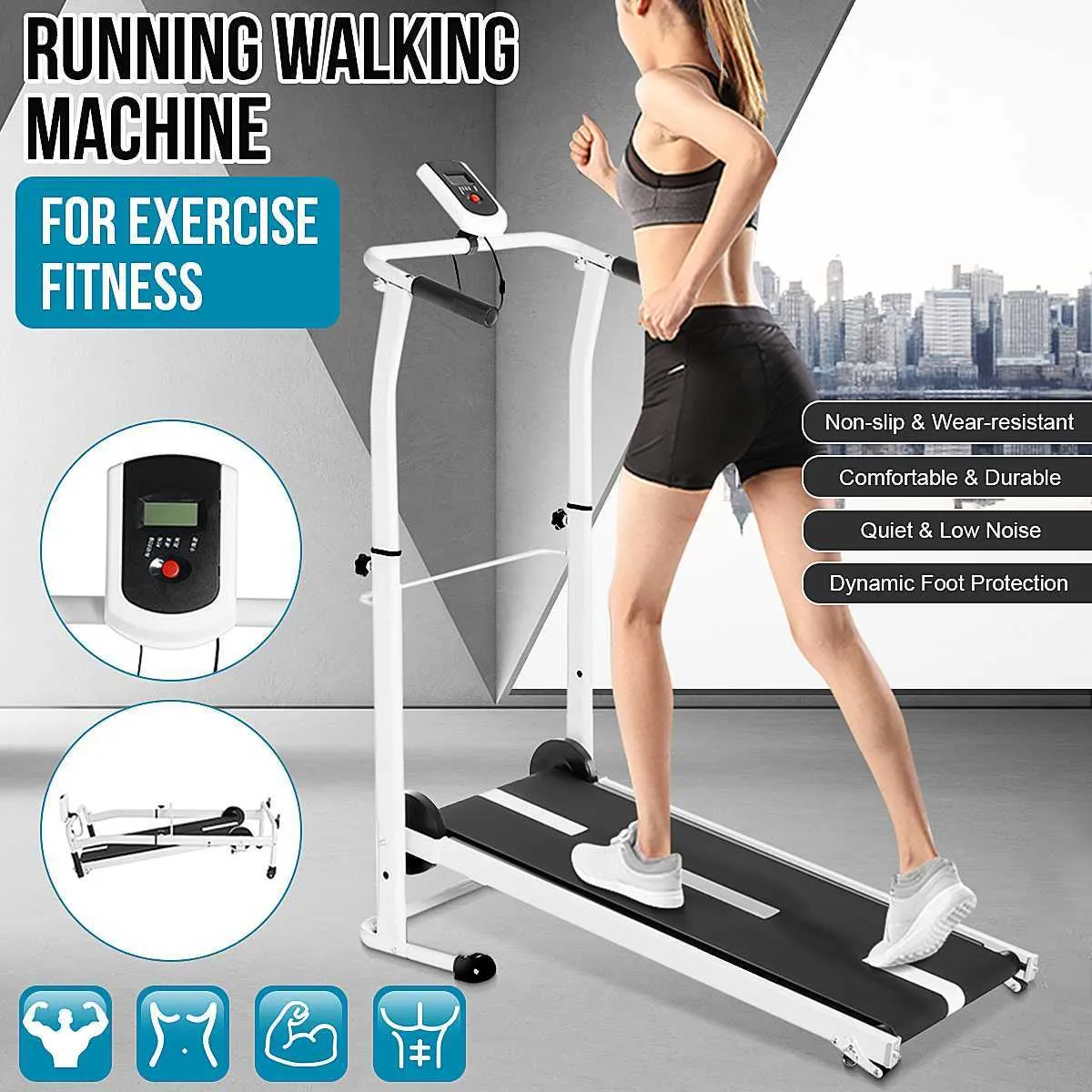 Folding Fitness Treadmilles Sport Mechanical Running Machine Multifunctional Exercise Equipment Manual Treadmill Health Walking LCD Display Portability Wheel